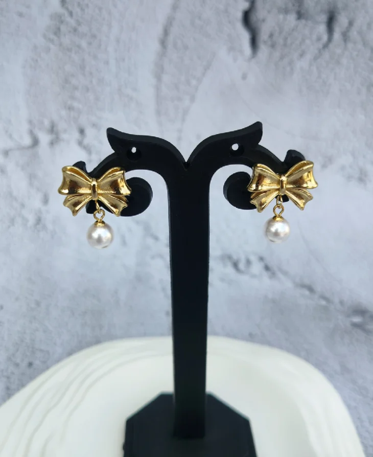 Bow & Pearl Earrings | 18K Gold Plated - Image 2
